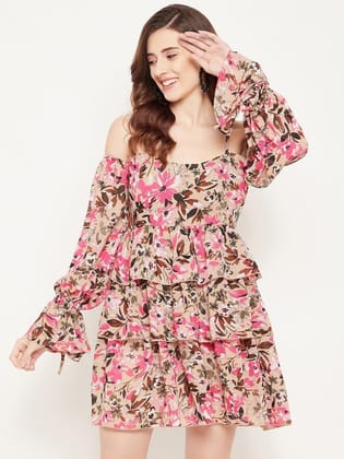 Women Brown & Pink Floral Off-Shoulder Layered Georgette Dress