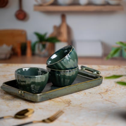 Ceramic Dessert Bowls Set of 3 with Platter Plate | Premium Serving Dishes | H-1" D-13" | Metallic Green