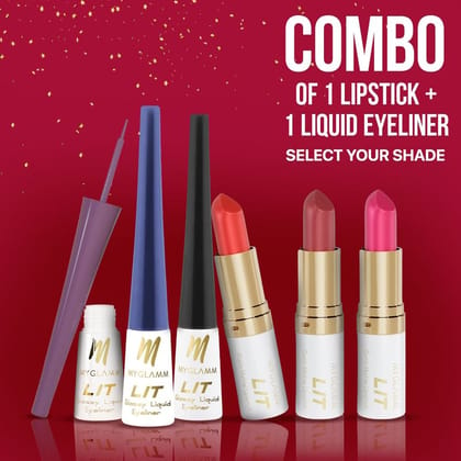 MyGlamm Combo of LIT Satin Matte Lipstick + Glossy Liquid Eyeliner |  Long-Wearing, Smooth Lipstick & Smudge-Proof,Upto 24Hrs Eyeliner