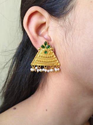 Golden Triangle Geometric Stud Earrings with Pearls | Sarichka-Green