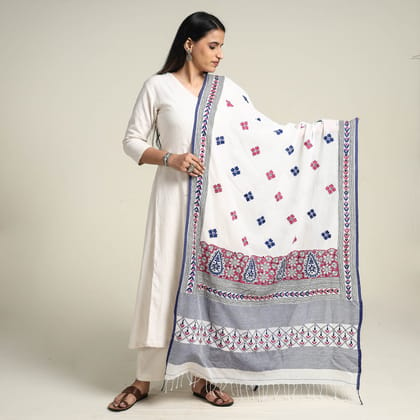 White - Bengal Kantha Embroidered Cotton Handloom Dupatta