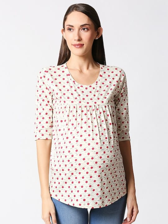 Women Cream & Red Printed Pure Cotton Maternity Top