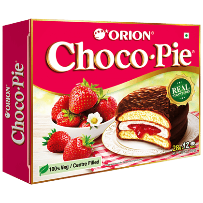 Orion Choco Pie - Centre Filled Biscuit, Soft, Real Strawberry Flavour, 336 G Box
