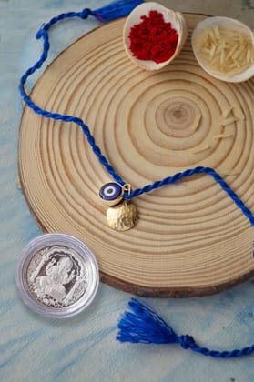 Evil Eye Gold Plated Sterling Silver Charm Rakhi & Silver Coin Combo-Gold