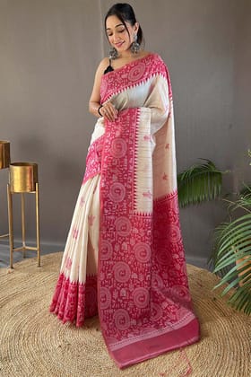 Beige and Dark Pink Tussar Silk Saree