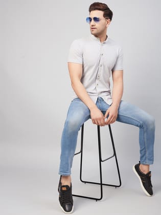 Gritstones Men Grey Melange Half Sleeve Cotton Blend Summer Shirts