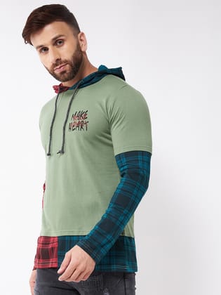 Gritstones Men Moss Green Hooded Colorblock Printed Cotton T-Shirt