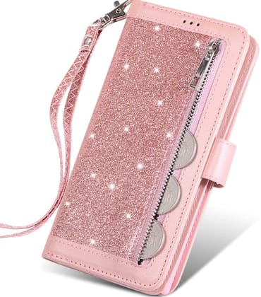 Excelsior Premium Leather Glitter Wallet Flip Case Cover | Trifold Purse Clutch For Apple iPhone 12 Mini-Rose gold