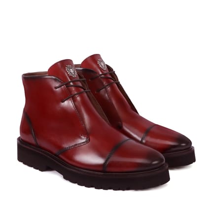 Burnished Wine Leather Cap Toe Lace-Up Light Weight Chukka Boots for Men By Brune & Bareskin-40/6