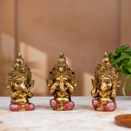 Divine Golden Ganesh Statue 3-Piece Set| Premium Resin Figurines| Ganesh closing Eyes, Mouth, and Ears| Luxurious Box Packing|Spiritual Blessings|Gift Prosperity