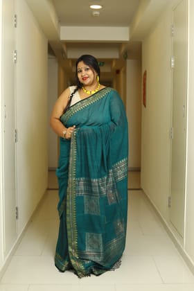 Teal Zari-Cotton by Cotton / Teal Blue/Turquoise / Zari Work on Handloom Cotton