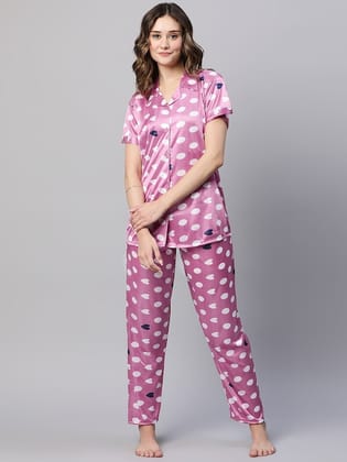 Conversational Printed Satin Night suit