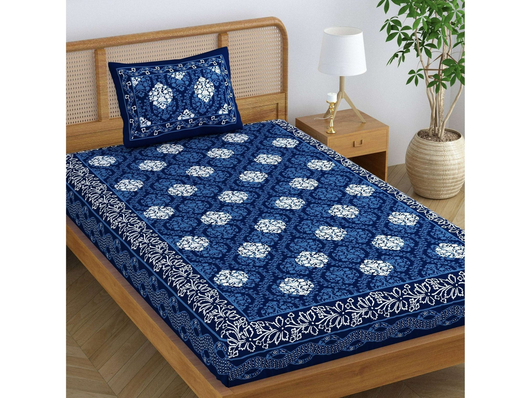 SheetKart Dabu Squares 100% Cotton Single Bedsheet Jaipuri Printed Bed Cover with 1 Pillow Cover - Midnight Blue
