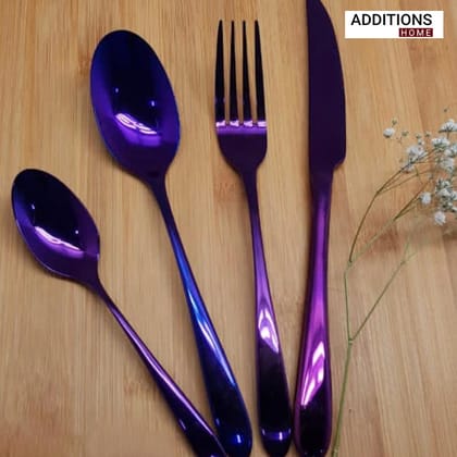 4pcs Luxury Chrome Plated Classic Cutlery Set Dinner Spoon Knives Fork Set Stainless Steel Tableware Dinner Set with Black Gift Box-Purple