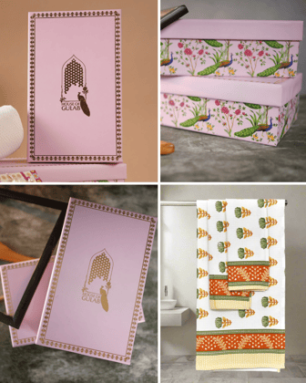 Gift Set - Handblock Printed Towels - 1 Bath + 2 Hand Towels-Hand Block / 30X60 Inches, 15X30 Inches / 1 Bath,2 Hand Towel