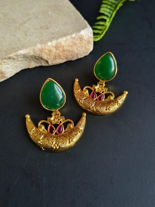 Half Moon Gold Plated Dangler Earrings with Monalisa Stone | Sarichka-Green+Magenta