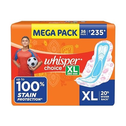 WHISPER CHOICE SANITARY PADS, 36 XL PADS, UPTO 100% STAIN PROTECTION ALL DAY, LONGER LENGTH FOR BETTER COVERAGE, 20% WIDER BACK, DRY TOP SHEET, WITH WINGS