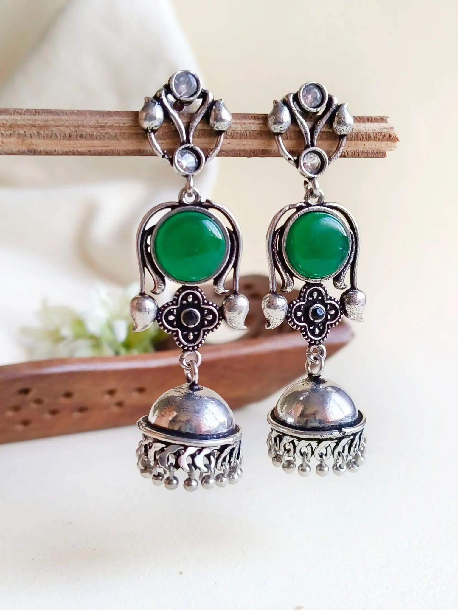 Oxidised Three-Tier Party Wear Jhumka Earrings | Sarichka-Green