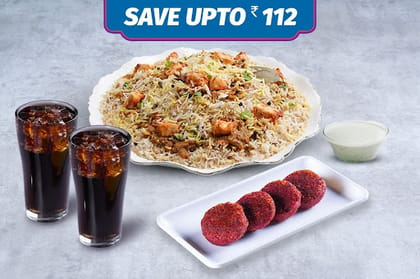 1 Veg Kilo Biryani + Veg Kebab + 2 Beverages (Serves 2-3) __ Lucknowi Veg Kilo Biryani,Dahi Kebab ( 4 Pcs),SWIG Jeera Masala Soda,SWIG Jeera Masala Soda