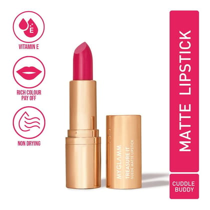 Treasure IT Suede Matte Lipstick - Cuddle Buddy (Light Magenta Pink Shade) | Long Lasting, Non Drying Bullet Lipstick With Vitamin E, Cocoa Butter (4.2g)