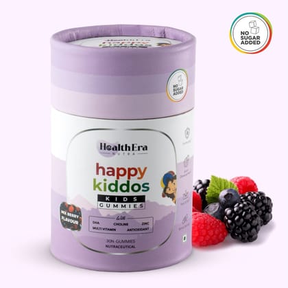 Happy Kiddos Kids Gummies | Contains DHA, Choline, 4 Essential Vitamins | Mix Berry Flavour | NO ADDED SUGAR | 30 Gummies Pack