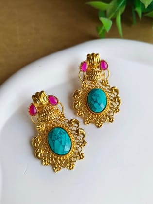 Gold-Plated Dangler Earrings with Jade & Monalisa Stones | Sarichka-Turquoise+Red