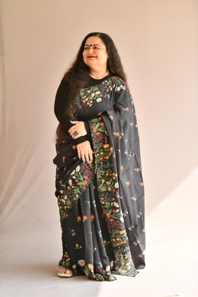 Black Chanderi Silk Hand Painted Floral Designer Saree