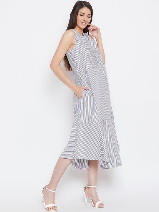 Women Grey Striped Fit & Flare Dress