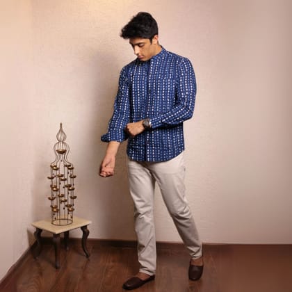 Navy Blue cotton printed full sleeves shirt-S