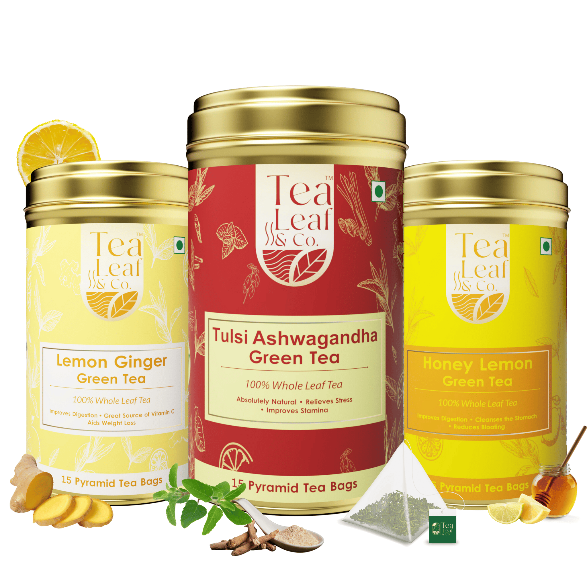 Tulsi Ashwagandha + Honey Lemon + Lemon Ginger Pyramid Green Tea Combo 45 Pyramid Tea Bags Pack of 3