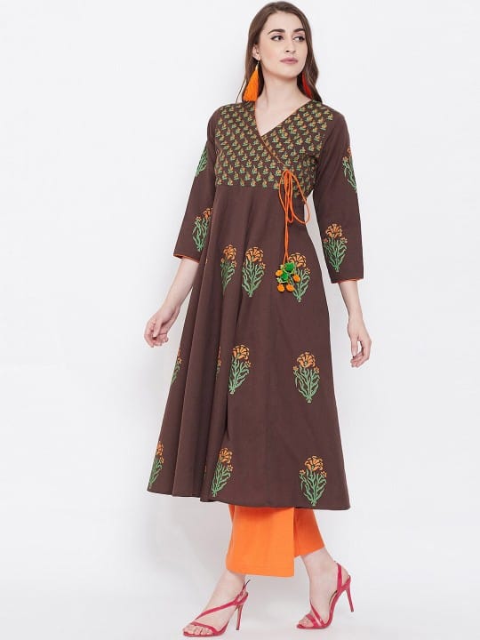 Women Brown Floral Block Print Anarkali Kurta