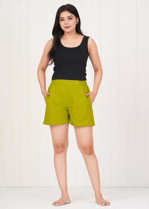 Women's Parrot Green Cotton Shorts-S / Parrot Green / 100% Cotton