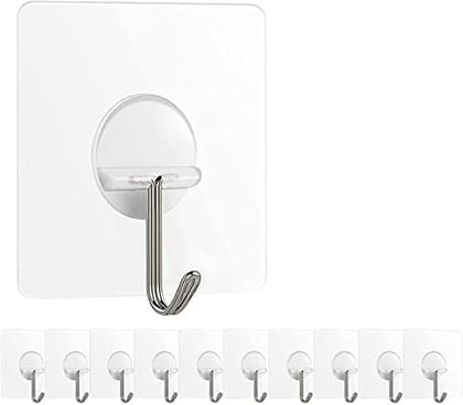 SMARTCAM Self Adhesive Heavy Duty Magic Sticker Stainless Steel Waterproof Nails Wall Hanging Hooks Ideal for Hanging Keyframe/Utensils and Bathroom Accessories (Transprent, Set of 10 Piece)