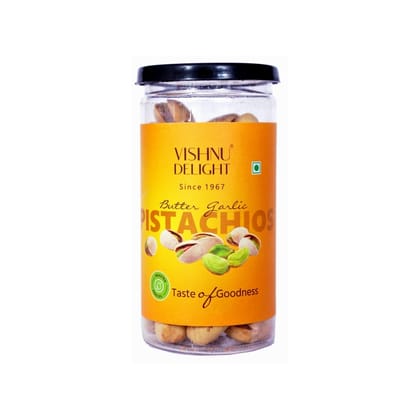 Vishnu Delight Butter Garlic Flavoured Pistachios Jar 80gm, Super Crunchy Pista Shelled Nuts, Roasted & Delicious Healthy Dry Fruit, Gluten Free Snack (Pack Of 1)