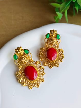 Gold-Plated Dangler Earrings with Jade & Monalisa Stones | Sarichka-Red+Green