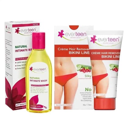 everteen Combo: Bikini Line Hair Removal Creme SILKY and Natural Intimate Wash for Women