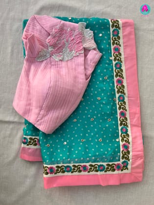 Mirror worked chiffon saree with floral embroidered border & Blouse-XS