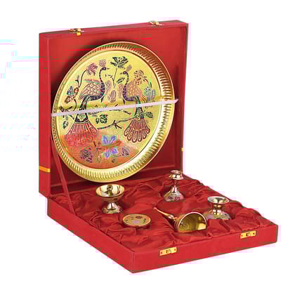 Brass Peacock Pooja Thali Set With Velvet Box Gift