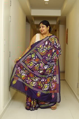 Vasantika-Dark Violet/Purple / Art Silk / Hand Embroidery Kantha Silk