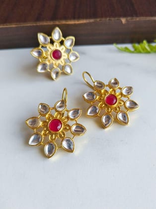 Gold Plated Flower Style with Stone Hook Earring and Adjustable Finger Ring Combo | Sarichka-Magenta + White PLK
