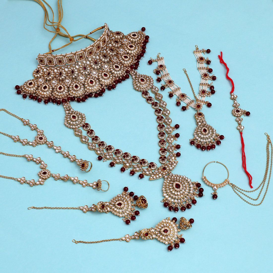 Maroon Color Kundan Dulhan Set (BDL257MRN)-Adjustable Rope / Maroon / Alloy With Good Quality Gold Plated