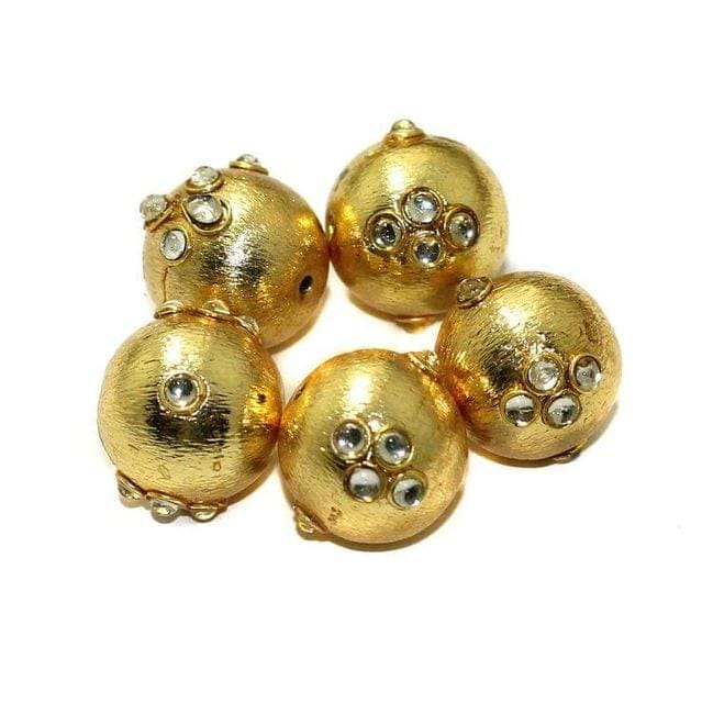 10 Pcs, 16mm German Silver Kundan Work Beads Round Golden-Golden / Glass