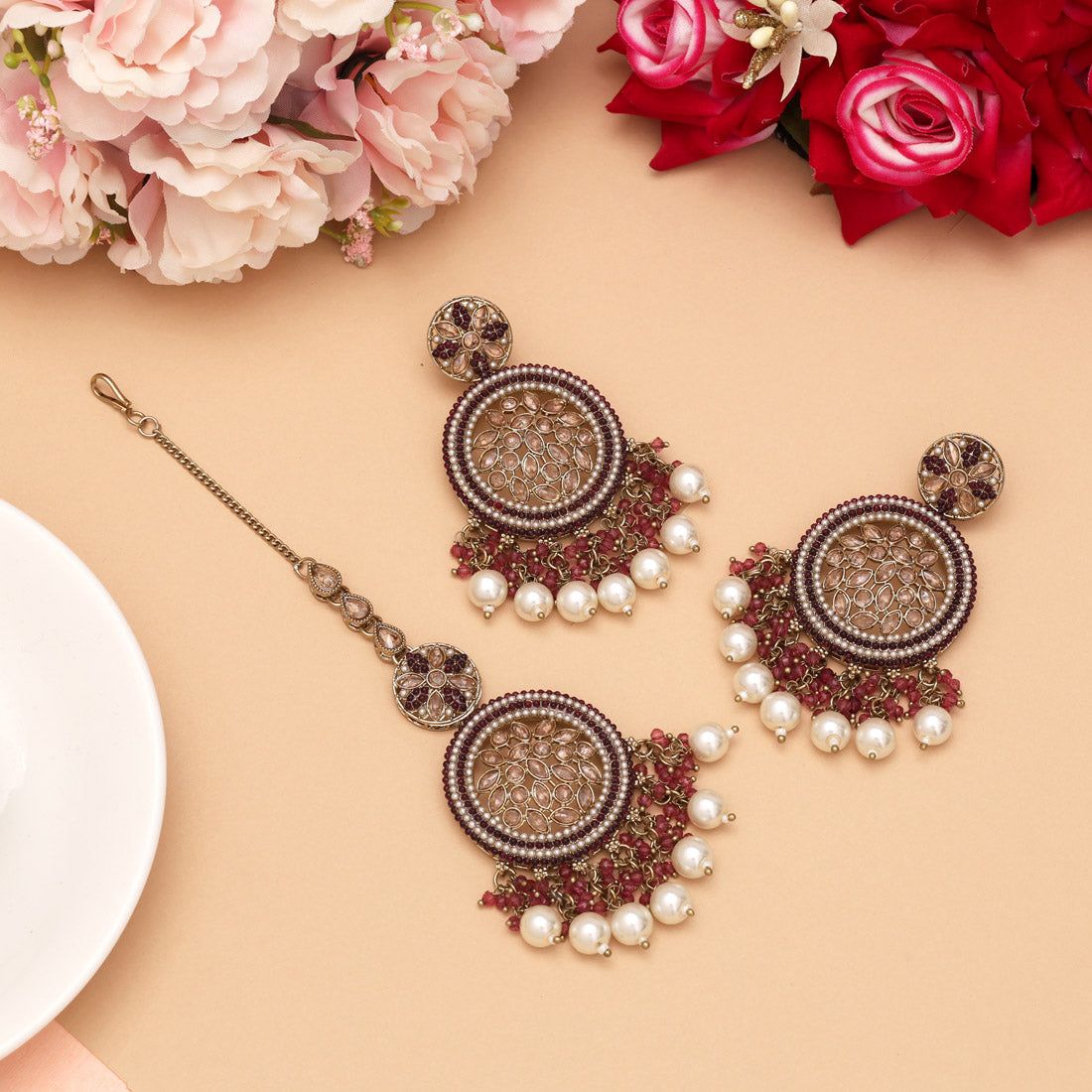 Magenta Color Pakistani Kundan Earrings With Maang Tikka (KDTE592MNT)-Default Title / magenta / Alloy with Good Quality Mehendi Gold Plated