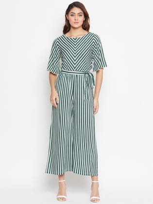 Olive Green & White Striped Basic Jumpsuit