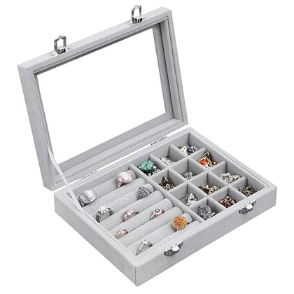 KATHIYAWADI Velvet Jewellery Box with Lock and Transparent Lid Portable Jewellery Organizer Box for Ring and Earring Storage Showcase for Women and Girl (1pcs/Multicolour)