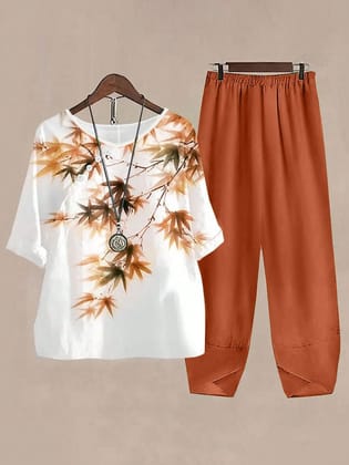Cosy & Stylish: Rust Orange Coord Set with Leaf Patterns-S - 36 / Orange