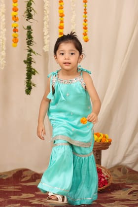 Blue Mirror work Shoulder Tie Kurta with Sharara-0-6 months