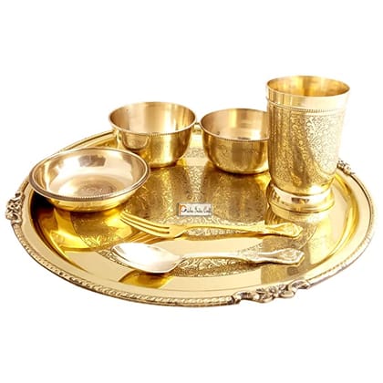 Embossed design pure brass dinner thali set 7 Pieces (Gold plated) | PRISHA INDIA CRAFT