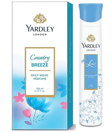 YARDLEY LONDON 1 COUNTRY BREEZE DAILY WEAR PERFUME , 100 ML .1 LACE  PERFUME DEODORANT BODY SPRAY , 150 ML, PACK OF 2 .