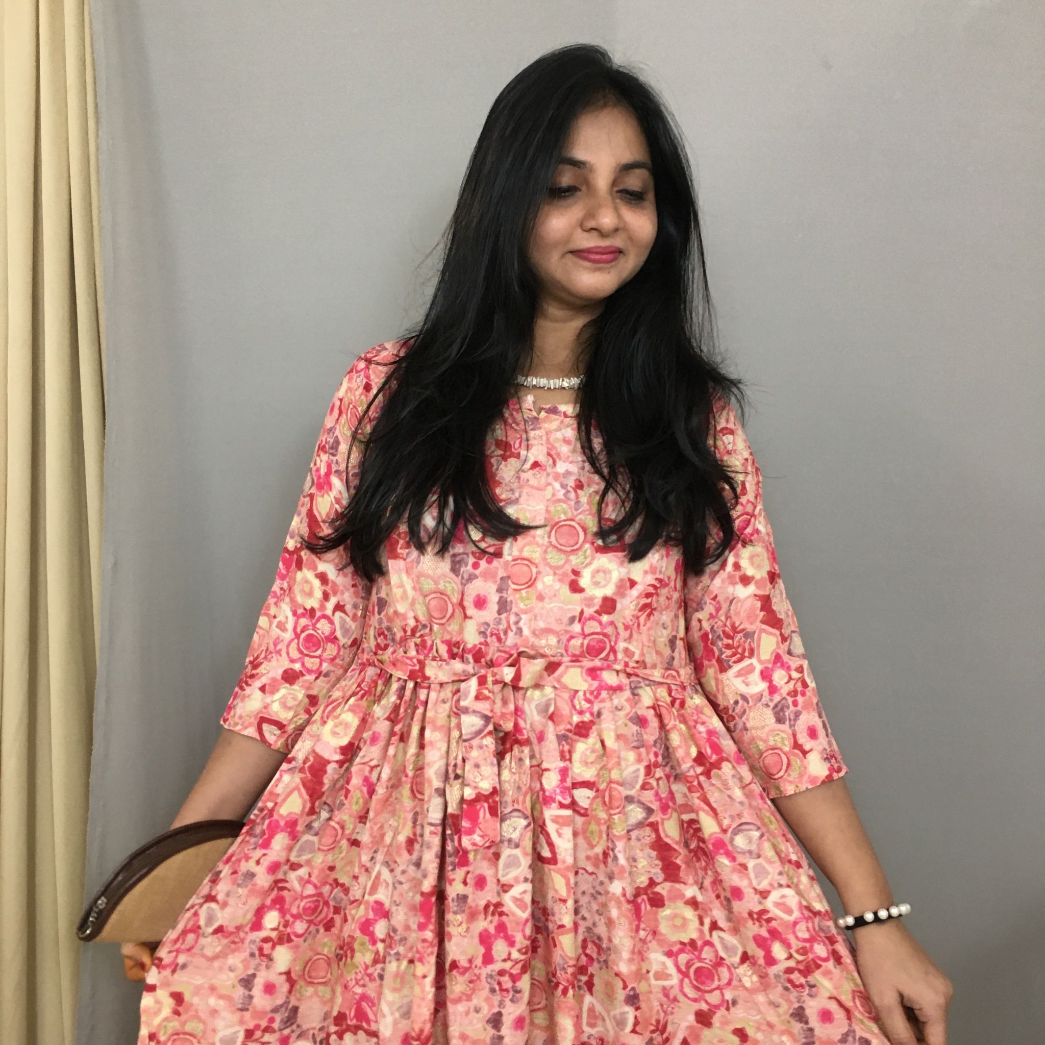 Red Pink White Flower - Maternity Kurti with Feeding Zips - Soft Rayon-36 - 38 ( S - M )